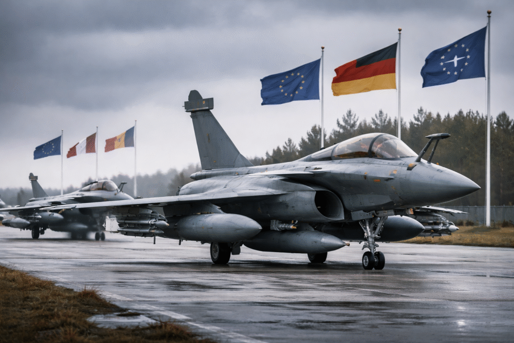 French Rafale fighter jets parked on a runway under overcast skies, with European and national flags visible in the background, symbolizing Europe’s strategic military posture.