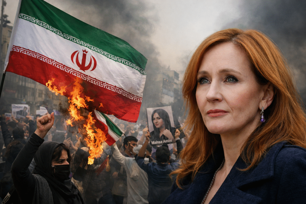 Composite image showing Iranian protesters burning the Iranian flag during anti-regime demonstrations, with a portrait-style image of J.K. Rowling in the foreground against a smoky protest backdrop.