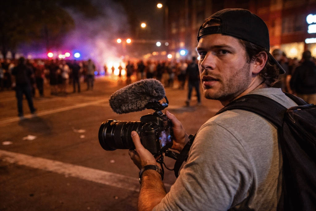 Independent journalist holding a video camera on a Minneapolis street at night as protesters gather and smoke rises in the background during unrest.