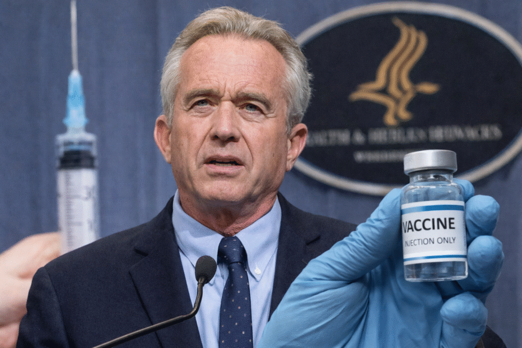 U.S. Health Secretary Robert F. Kennedy Jr. speaks at a podium with a vaccine vial and syringe visible in the foreground and the Department of Health and Human Services seal blurred in the background.