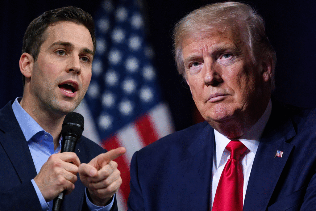 Composite news image showing Ohio attorney general candidate Elliot Forhan speaking into a microphone beside a separate portrait of President Donald Trump, both depicted against a dark background with an American flag visible behind Forhan.