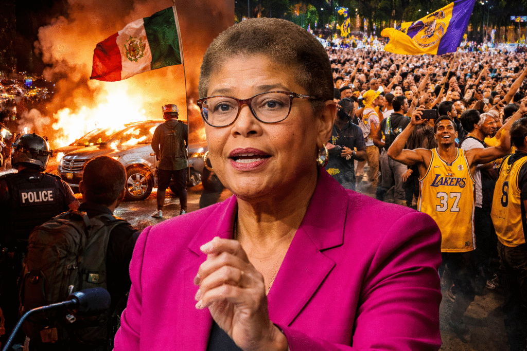 Los Angeles Mayor Karen Bass speaks in the foreground while scenes of burning vehicles and police during anti-ICE riots contrast with crowds celebrating a Los Angeles Lakers championship in the background.