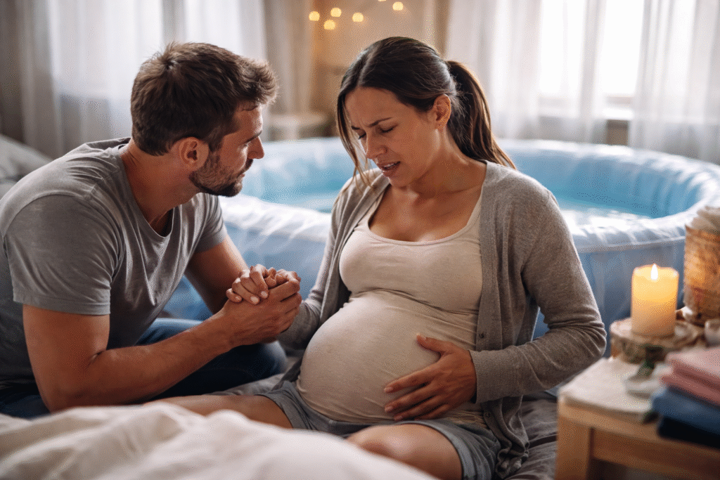 Pregnant woman in active labor sitting on a bed at home, holding her belly while her partner supports her beside an inflatable birthing pool with candles in the background.