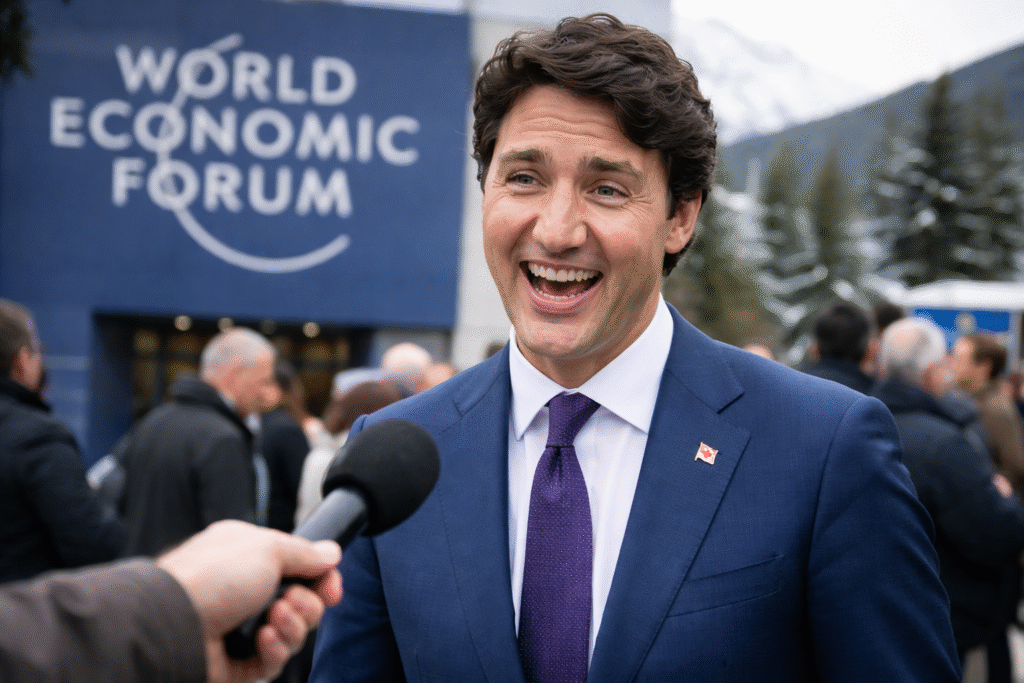 Former Canadian Prime Minister Justin Trudeau smiles while speaking to a reporter outside the World Economic Forum venue in Davos, with the WEF sign visible in the background.