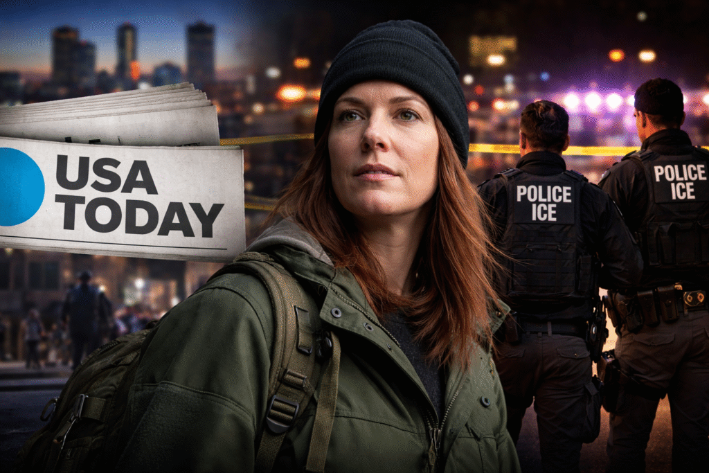 Composite image showing a USA Today newspaper in the foreground, an activist woman wearing a jacket and beanie at center, and ICE officers standing near police tape with flashing lights in a Minneapolis city setting at dusk.