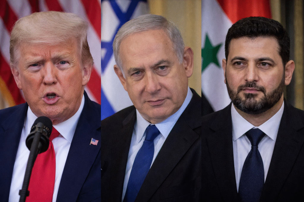 Composite image showing U.S. President Donald Trump, Israeli Prime Minister Benjamin Netanyahu, and Syrian President Ahmed al-Sharaa in formal portraits with their national flags in the background.