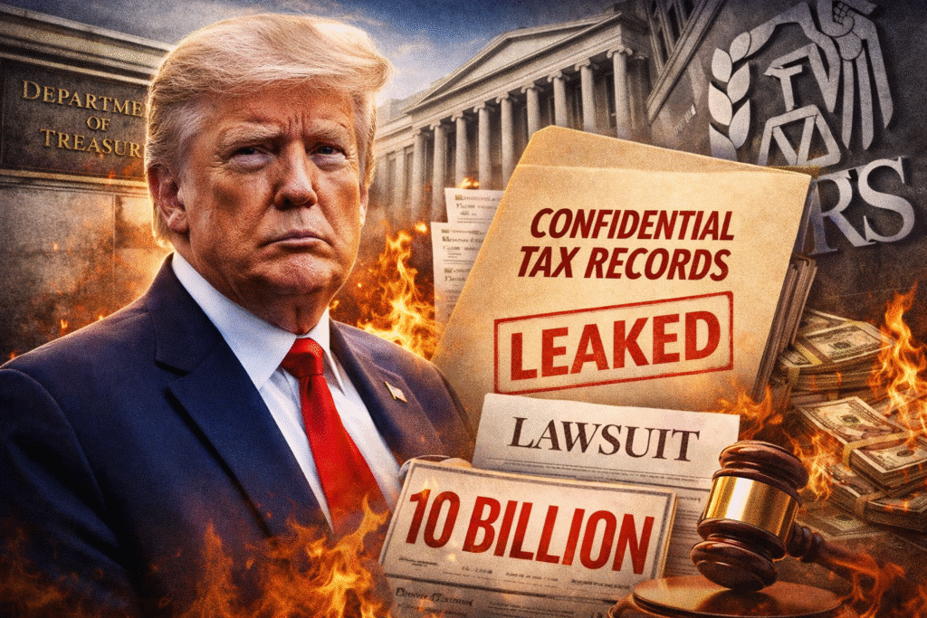Digital illustration showing President Donald Trump standing before the U.S. Treasury and IRS buildings, alongside a folder labeled confidential tax records marked as leaked, legal documents, a judge’s gavel, and stacks of money amid dramatic lighting.