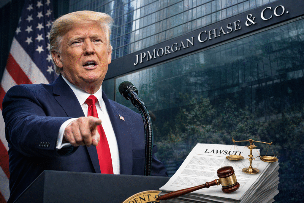 President Donald Trump speaks at a podium with a microphone, pointing forward, with the JPMorgan Chase headquarters visible in the background and legal imagery in the foreground.