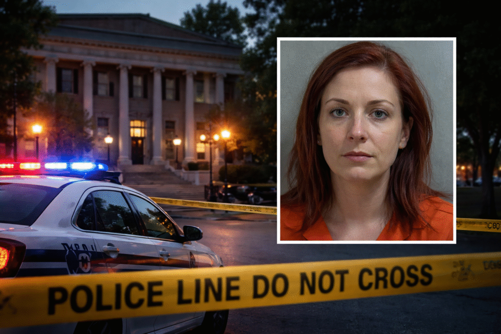 Police car with flashing lights outside the Jackson County Courthouse in Ripley, West Virginia, with yellow police tape in the foreground and an inset mugshot of a woman in an orange jail uniform.