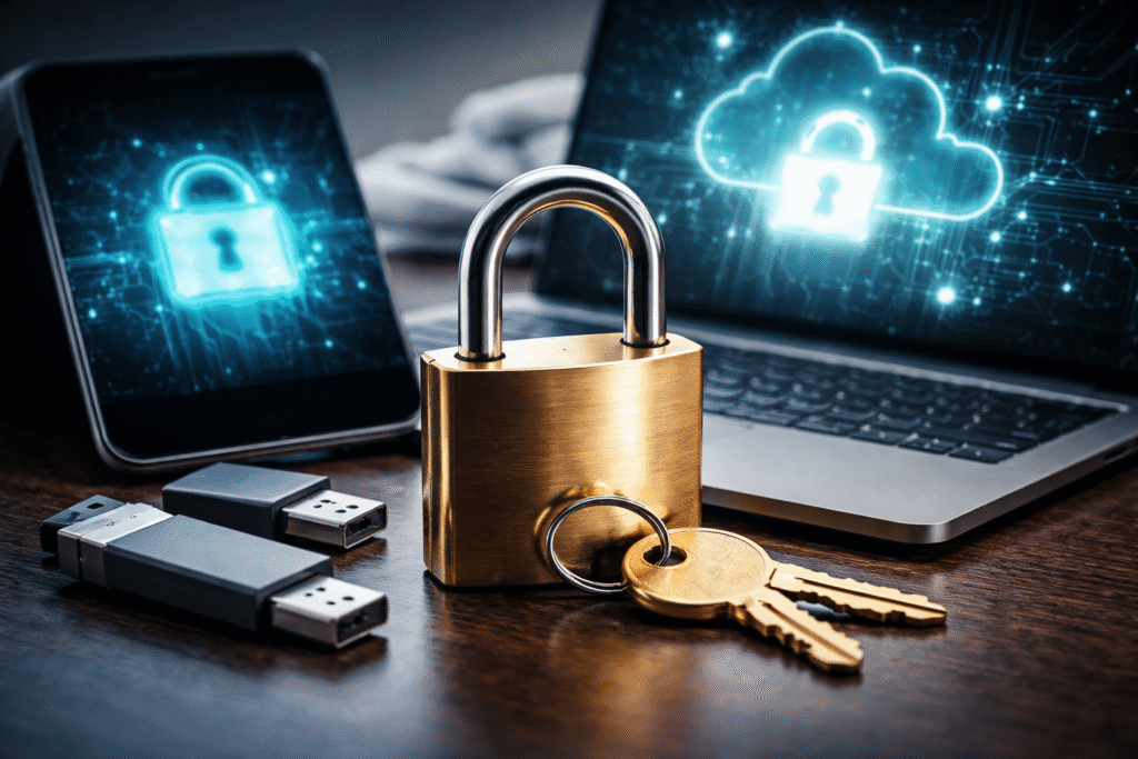 Close-up of a physical padlock and keys in front of a laptop and smartphone displaying digital lock and cloud security icons, symbolizing personal control over encryption keys and data security.