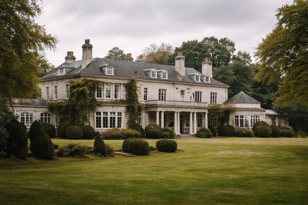 Exterior view of Royal Lodge on the Windsor estate, showing the large Georgian mansion with ivy-covered walls, manicured lawns, and surrounding trees under an overcast sky.