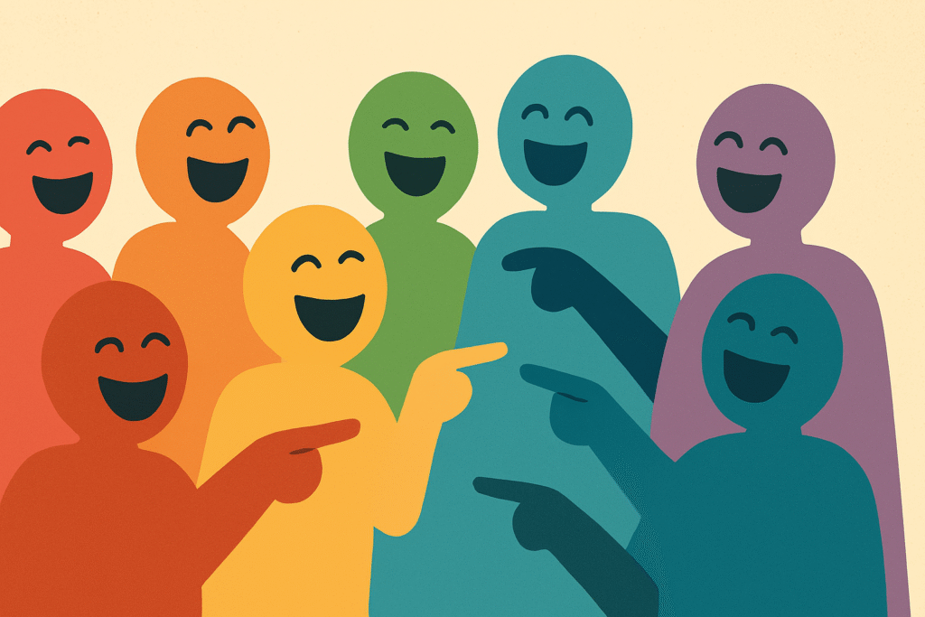 A group of seven colorful abstract figures made of geometric shapes, each with expressive smiling faces, laughing and pointing in unison against a textured beige background.