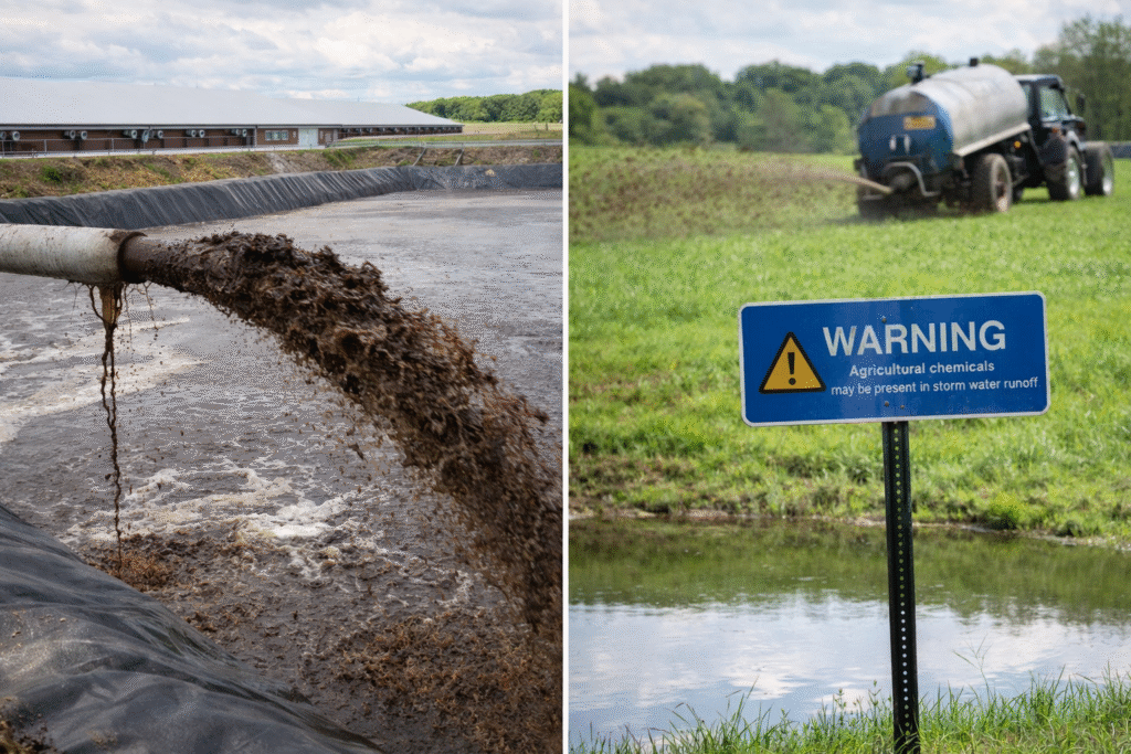 A manure lagoon at a factory farm releasing liquid waste through a pipe, alongside a field where a tanker spreads manure near a waterway marked with an agricultural runoff warning sign.