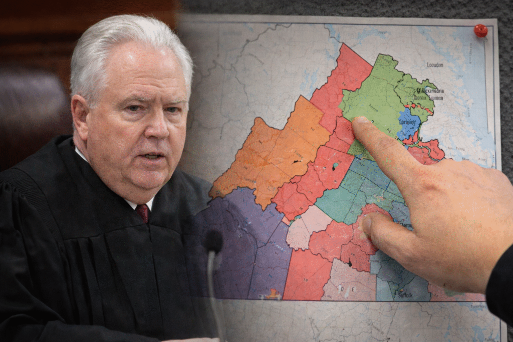 A Virginia judge in a courtroom alongside a color-coded map of Virginia’s congressional districts, with a hand pointing to highlighted district boundaries.