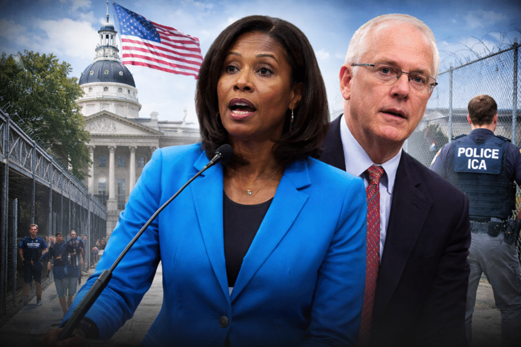 Composite image showing the Maryland State House behind two Democratic lawmakers speaking publicly, with an American flag overhead and an ICE detention facility scene with fencing and officers in the background.