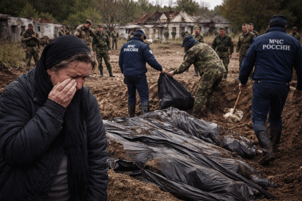 Emergency workers recover bodies from a mass grave in Russia’s Kursk region as a grieving civilian stands nearby, with damaged buildings and armed personnel visible in the background.