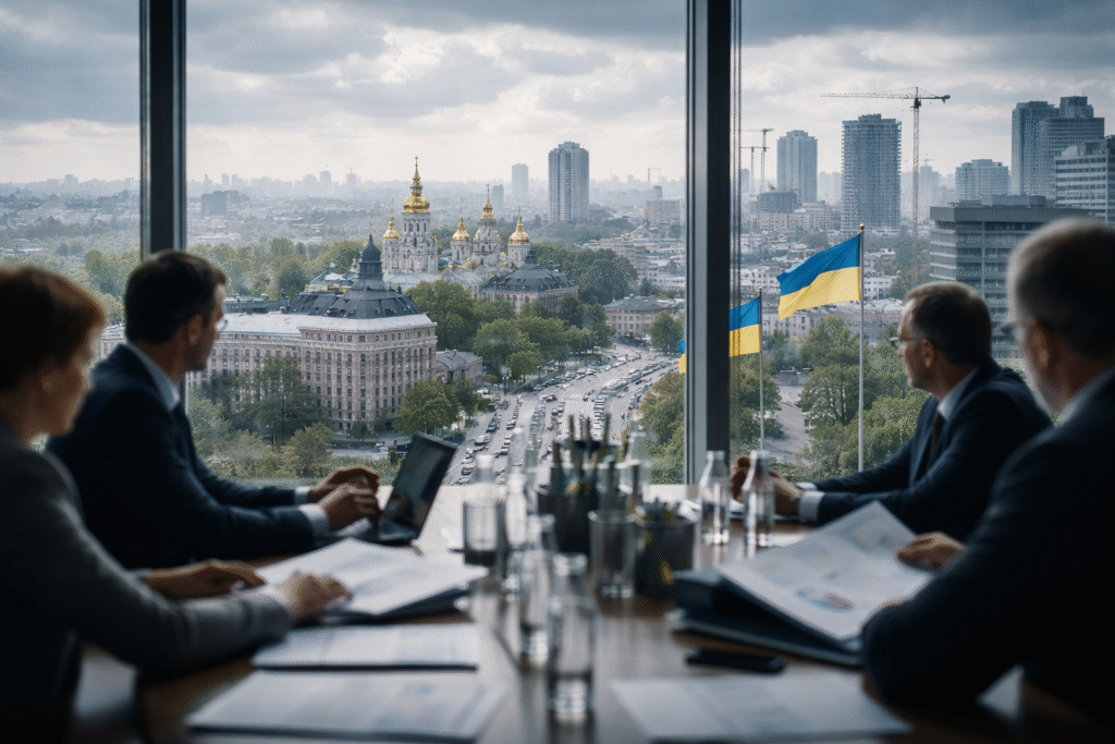 Business executives meet at a conference table overlooking Kyiv’s skyline, with city landmarks and a Ukrainian flag visible through large windows, symbolizing postwar investment and reconstruction planning.