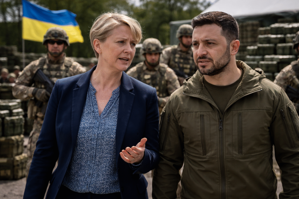British Foreign Secretary Yvette Cooper walks beside Ukrainian President Volodymyr Zelensky while speaking with him, with Ukrainian soldiers, military equipment, and a Ukrainian flag visible in the background.