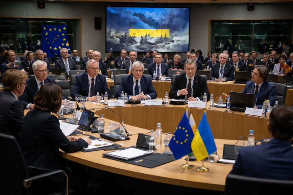 European Union foreign ministers meet in Brussels around a conference table with EU and Ukrainian flags visible, as officials discuss the Ukraine war during a formal foreign affairs council session.
