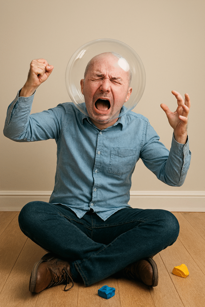 An adult man with a bubble head throws a childlike tantrum on the floor, surrounded by toy blocks.