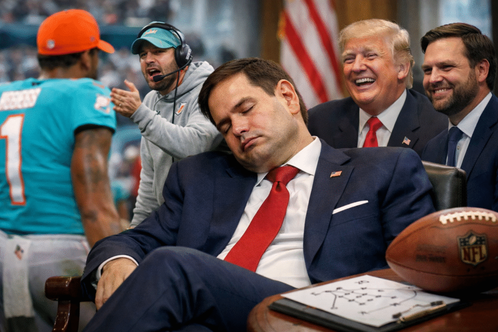 Marco Rubio slumped in a chair with eyes closed, holding a football and play sheet, while Miami Dolphins players and coaches appear behind him and Donald Trump and JD Vance laugh in the background.