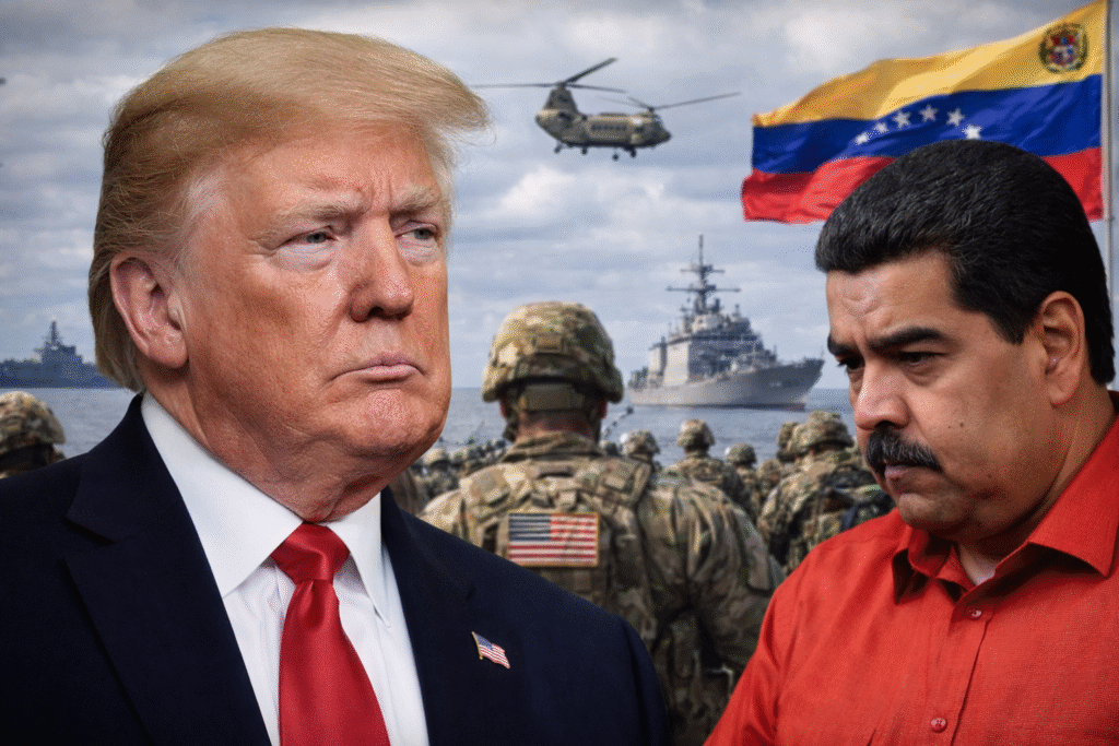 Composite image showing Donald Trump and Nicolás Maduro facing opposite directions with US military personnel, naval ships, and a helicopter in the background near Venezuelan waters, alongside American and Venezuelan flags.