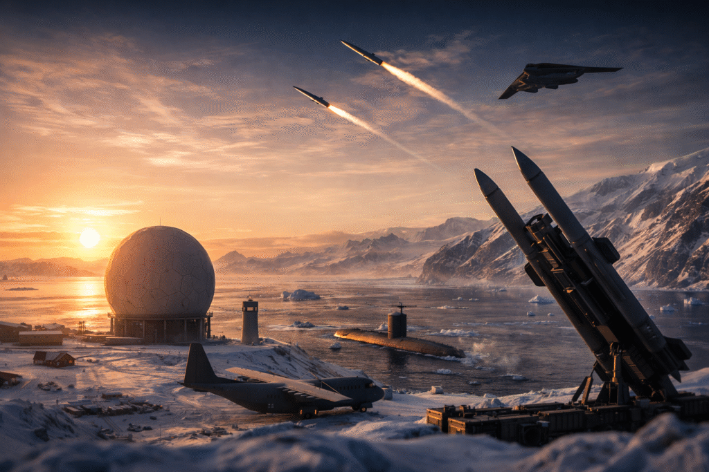 Military radar dome and missile defense systems operate along Greenland’s icy coastline under the midnight sun, with aircraft, missiles, and a submarine illustrating the region’s strategic importance to U.S. national security.