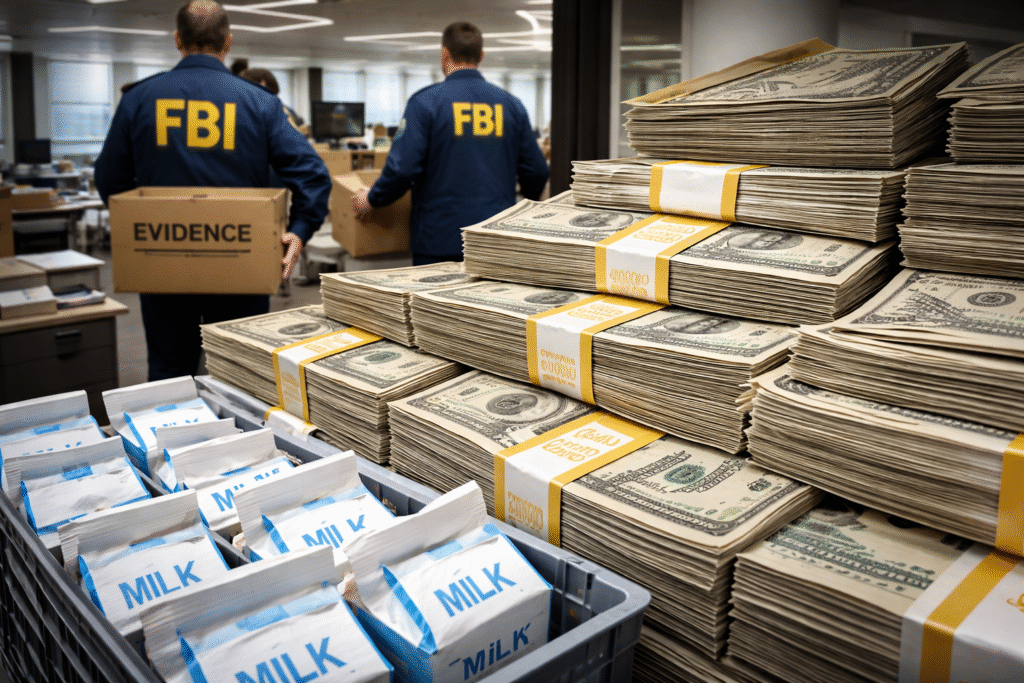 Stacks of U.S. dollar bills sit beside cartons of milk as FBI agents carry evidence boxes during a federal investigation into nonprofit fraud inside an office setting.