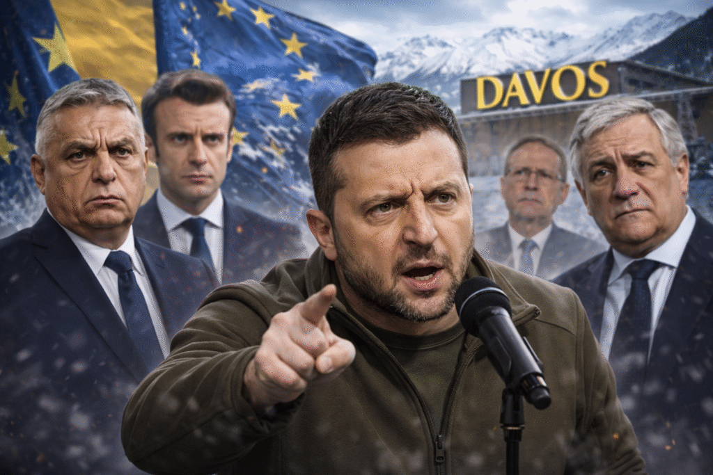 Ukrainian President Volodymyr Zelensky speaking forcefully at a microphone in the foreground, with European leaders standing behind him against a snowy Davos backdrop, European Union flags visible, and alpine mountains in the background.