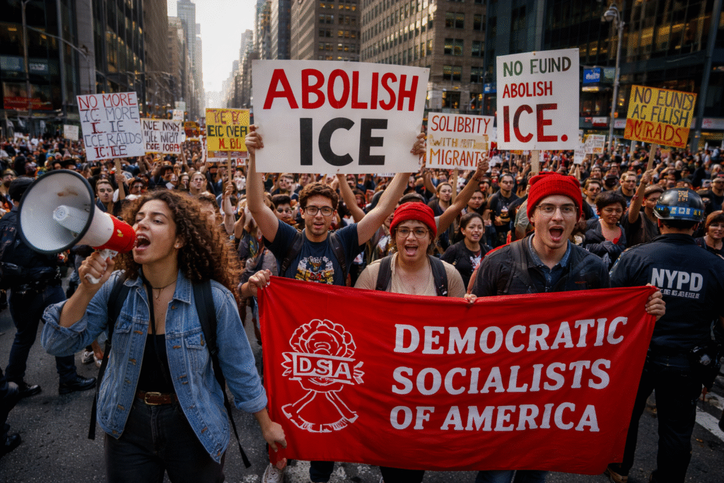 Protesters march through a New York City street holding signs reading “Abolish ICE” and a Democratic Socialists of America banner, with police officers and city buildings visible in the background.