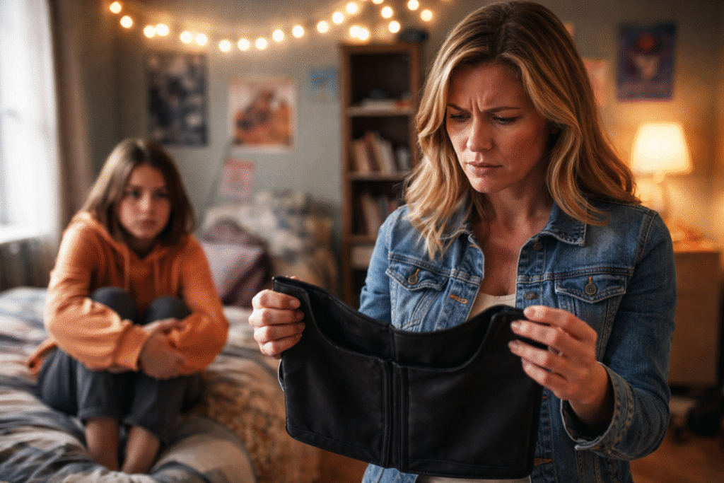A mother examines a chest binder in her daughter’s bedroom while the teenage girl sits on the bed in the background, appearing distressed, in a softly lit home setting.