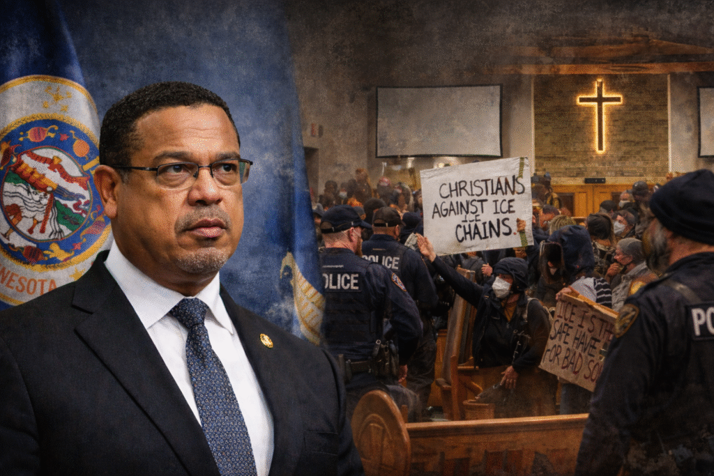 Composite image showing Minnesota Attorney General Keith Ellison standing in front of a Minnesota state flag beside a scene of protesters and police inside a Christian church sanctuary, with a glowing cross visible above disrupted pews.