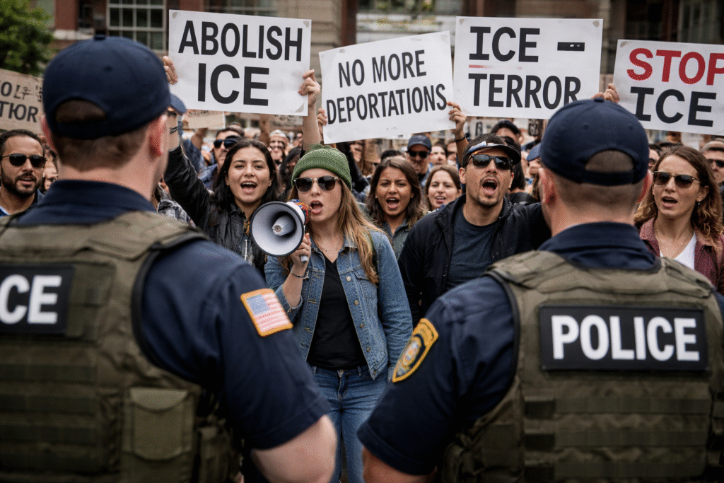 Anti-ICE protesters hold signs and chant while facing law enforcement officers in tactical gear during an immigration enforcement protest in an urban area.