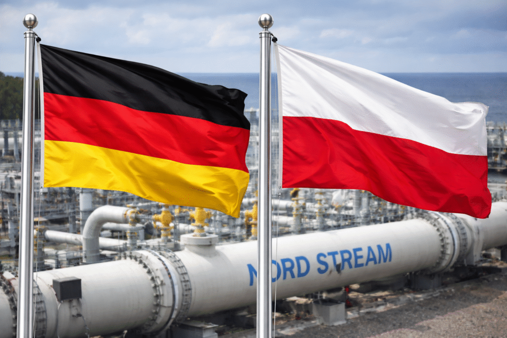 German and Polish national flags flying side by side with Nord Stream gas pipeline infrastructure visible in the background along a coastal industrial site.
