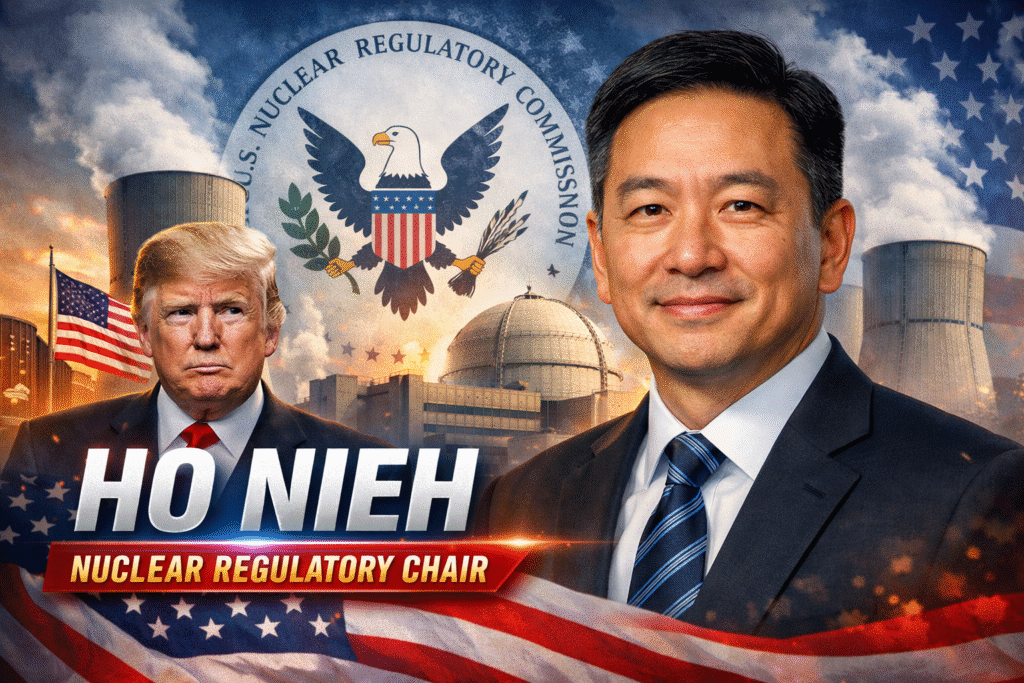 Composite image showing Ho Nieh in a dark suit standing in the foreground with a U.S. nuclear power plant and cooling towers behind him, alongside President Donald Trump, American flags, and the U.S. Nuclear Regulatory Commission seal in the background.