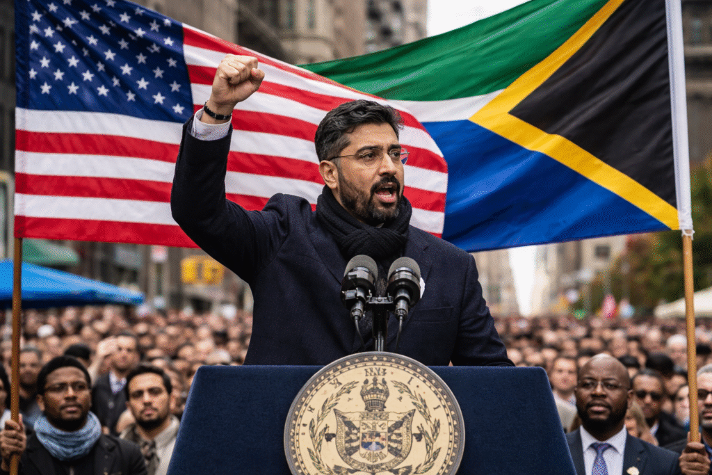 New York Mayor Zohran Mamdani speaks at an outdoor inauguration event, raising his fist at a podium with a crowd behind him, as U.S. and South African flags are displayed in the background.