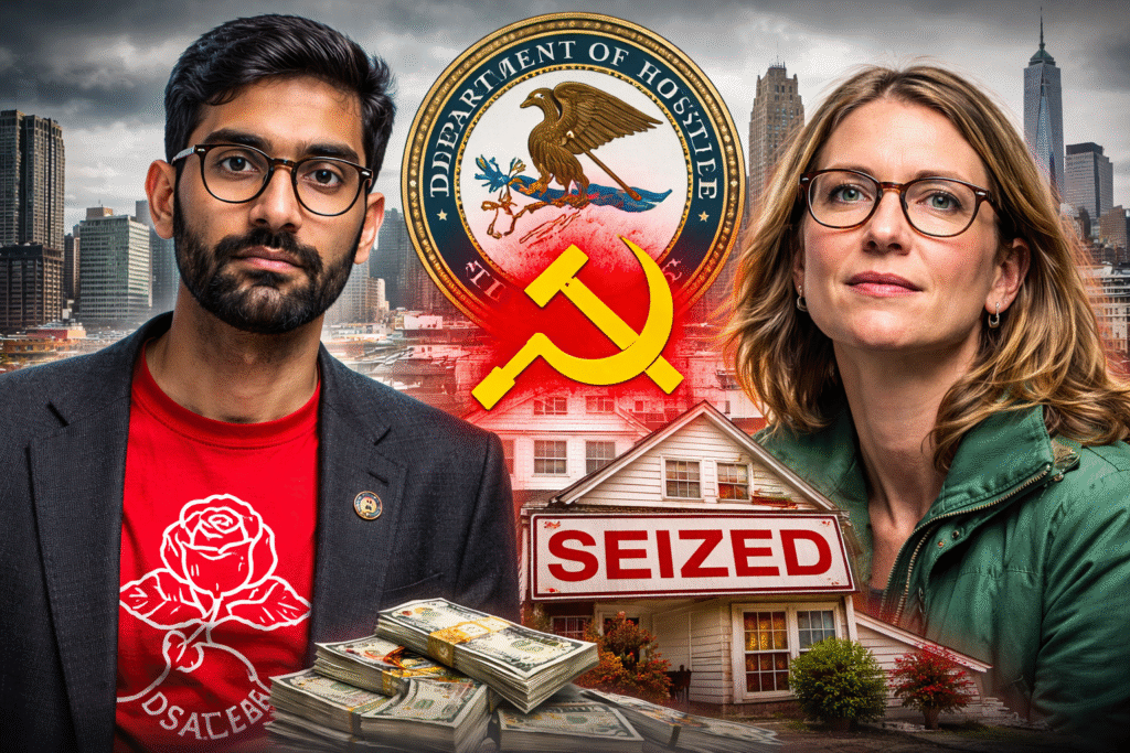 Composite news image showing Zohran Mamdani and Cea Weaver in front of the U.S. Department of Justice seal and New York City skyline, with a house marked “seized” and symbolic imagery representing a federal response to alleged communist housing policies.