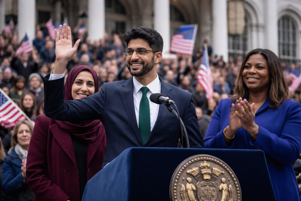 Zohran Mamdani waves during his swearing-in ceremony as New York City mayor at City Hall, standing at a podium with his wife Rama Duwaji and Attorney General Letitia James, with a crowd and American flags in the background.