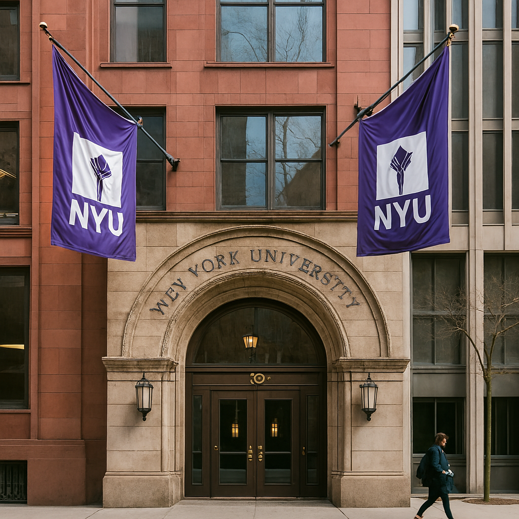 Illustration of NYU’s Washington Square campus with students walking near the iconic arch and surrounding city buildings.