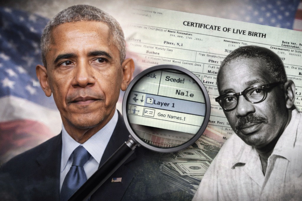 Composite image showing Barack Obama in a suit alongside a black-and-white photo of Frank Marshall Davis, with a magnified birth certificate graphic and layered document elements in the background, symbolizing claims and controversy surrounding Obama’s birth records.