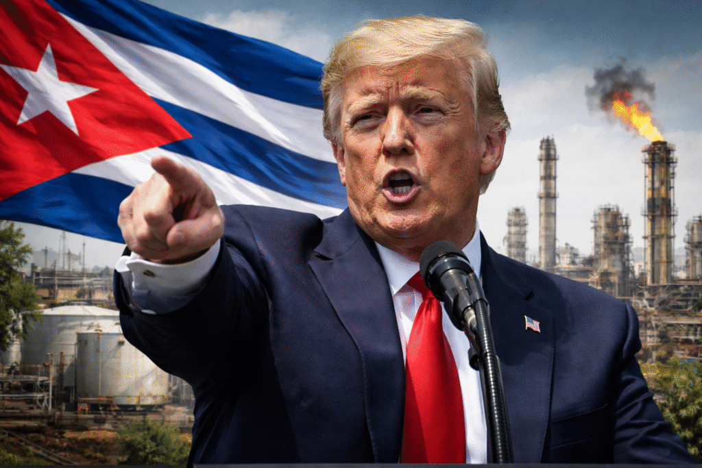 President Donald Trump points while speaking at a podium with the Cuban flag and an oil refinery visible in the background, symbolizing U.S. pressure on Cuba over oil and financial support.