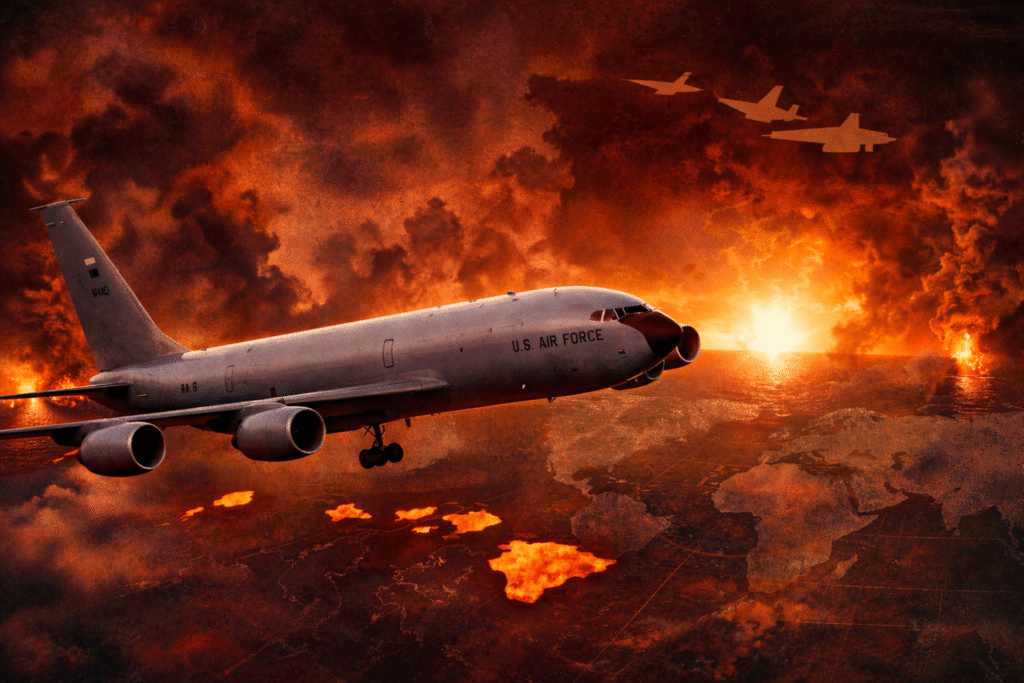 Digital illustration of a U.S. Air Force KC-135 Stratotanker flying over the Pacific Ocean near Hawaii at sunset, with distant military aircraft in formation above a dramatic, smoke-filled sky and glowing island silhouettes below.