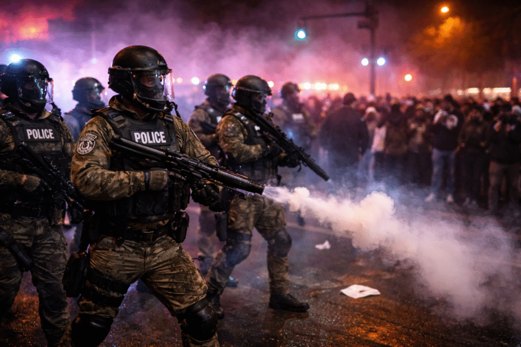Federal riot police deploy tear gas to disperse protesters during a nighttime ICE-related protest in Minneapolis, with officers in protective gear and a large crowd visible in the background.