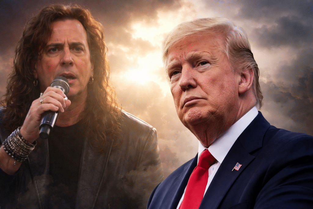 President Donald Trump in a dark suit in the foreground with a serious expression, while Christian prophet Kim Clement appears in the background holding a microphone under dramatic, clouded lighting.