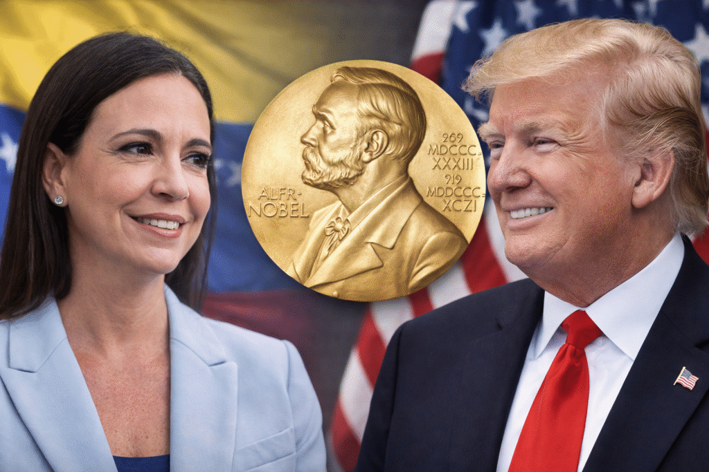 Venezuelan opposition leader Maria Corina Machado and President Donald Trump face each other smiling, with a Nobel Peace Prize medal centered between them and the Venezuelan and U.S. flags blurred in the background.