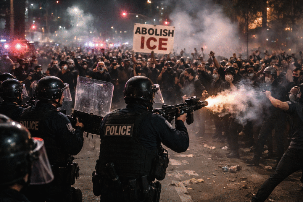 Riot police deploy crowd-control munitions as anti-ICE protesters clash with officers in downtown Los Angeles at night, with smoke, flashing police lights, and a large crowd visible in the street.