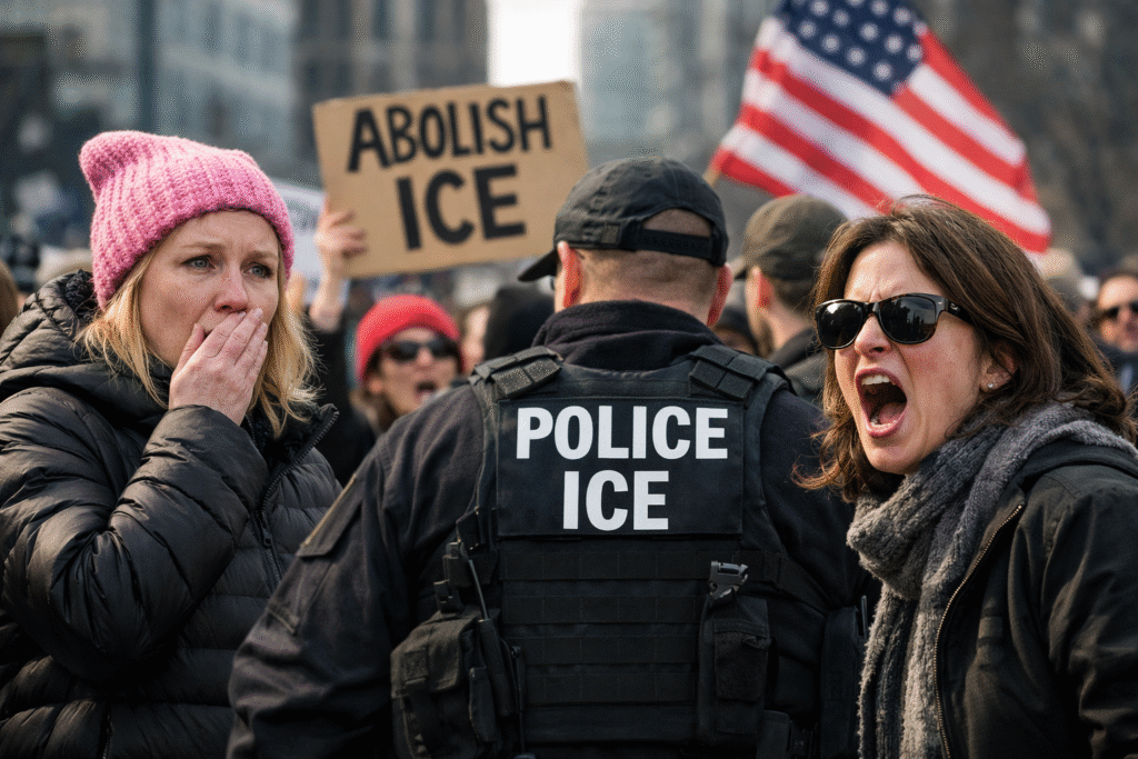 Protesters confront an ICE officer during an urban demonstration, with two women reacting in the foreground as an “Abolish ICE” sign and an American flag appear behind them.