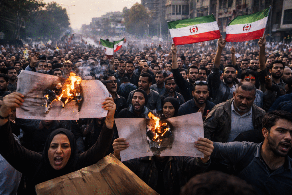 Large crowd of protesters in Tehran fills a city street, with demonstrators holding Iranian flags and burning placards during unrest linked to economic conditions and political tensions.