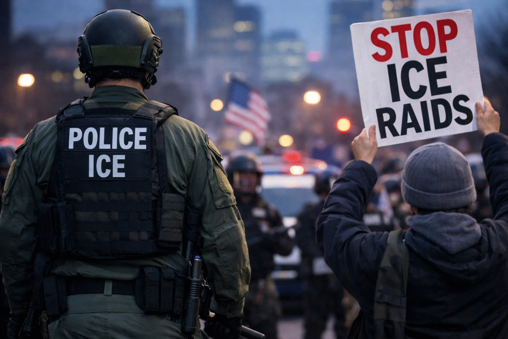Protesters confront ICE agents in Minnesota during an immigration enforcement demonstration, with officers in tactical gear facing a crowd holding protest signs and a Minnesota state flag visible in the background.
