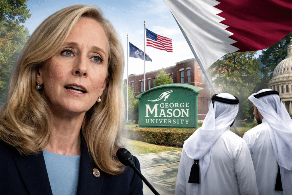 Composite image showing Virginia Gov. Abigail Spanberger speaking at a podium, with George Mason University’s campus sign in the background and Qatari officials walking beneath a Qatari flag, alongside U.S. government imagery.